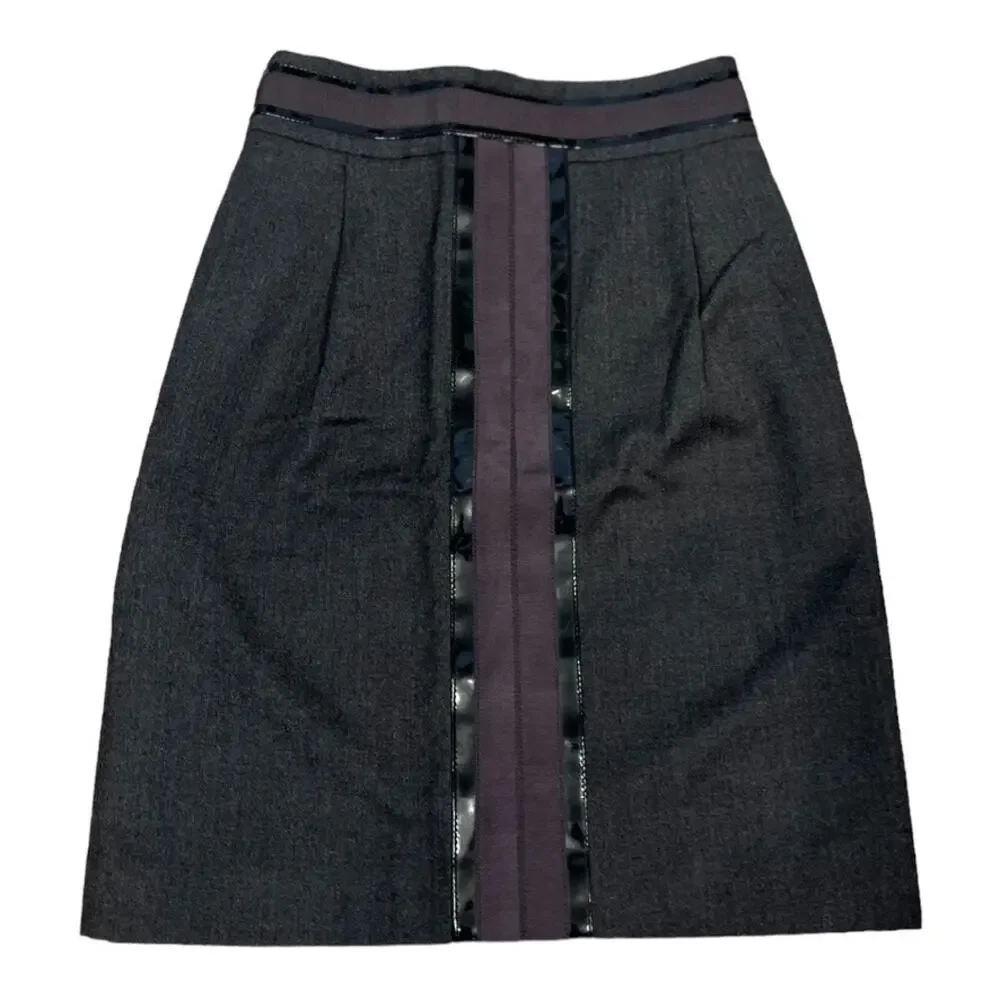 Tory Burch Wool A Line Skirt Patent Ribbon Trim Style 23081306 Sz 2 Gray Preppy